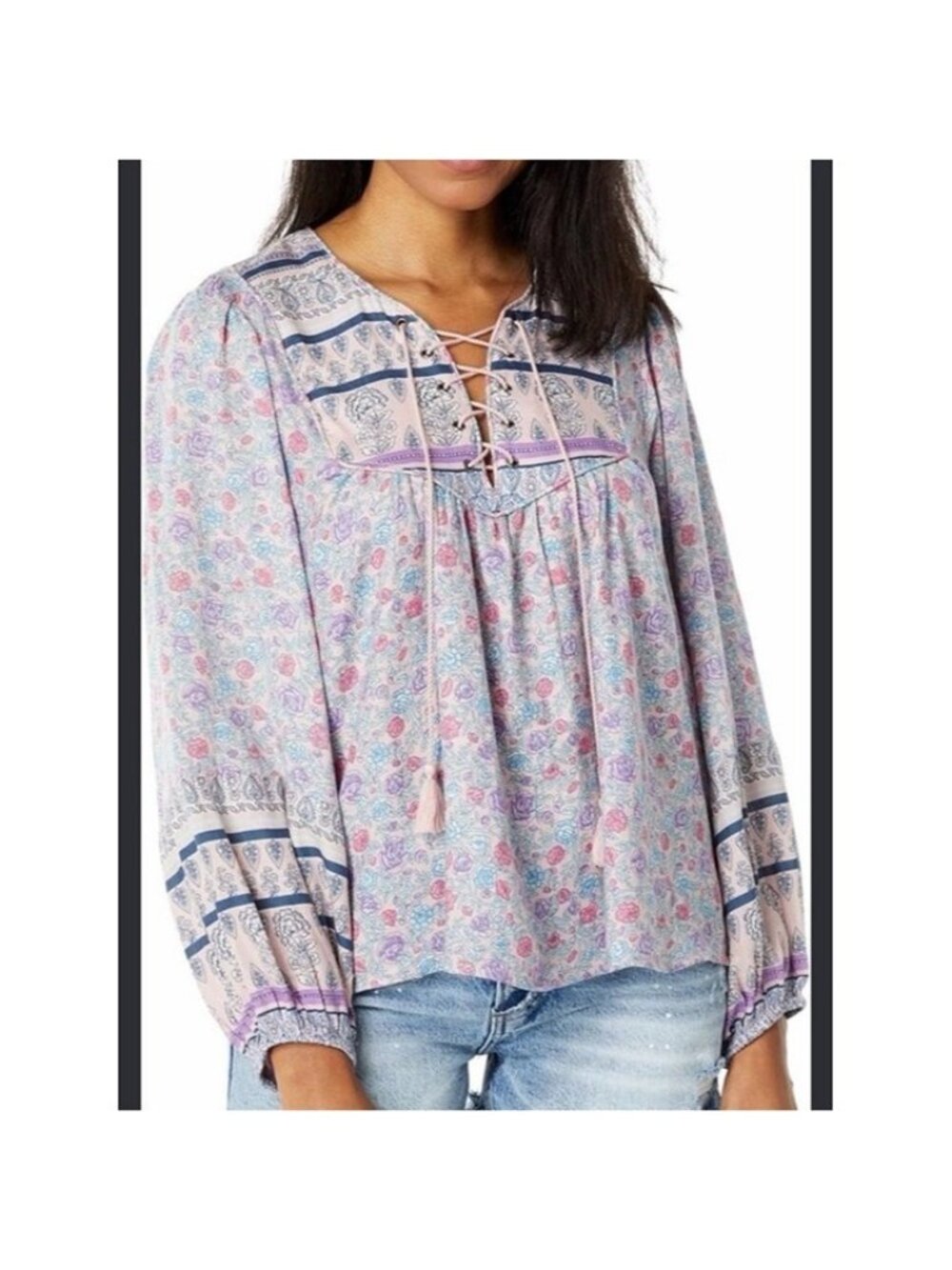 LUCKY BRAND Women's Lace-Up Boho Floral Peasant Top - Pink Lavender size XL